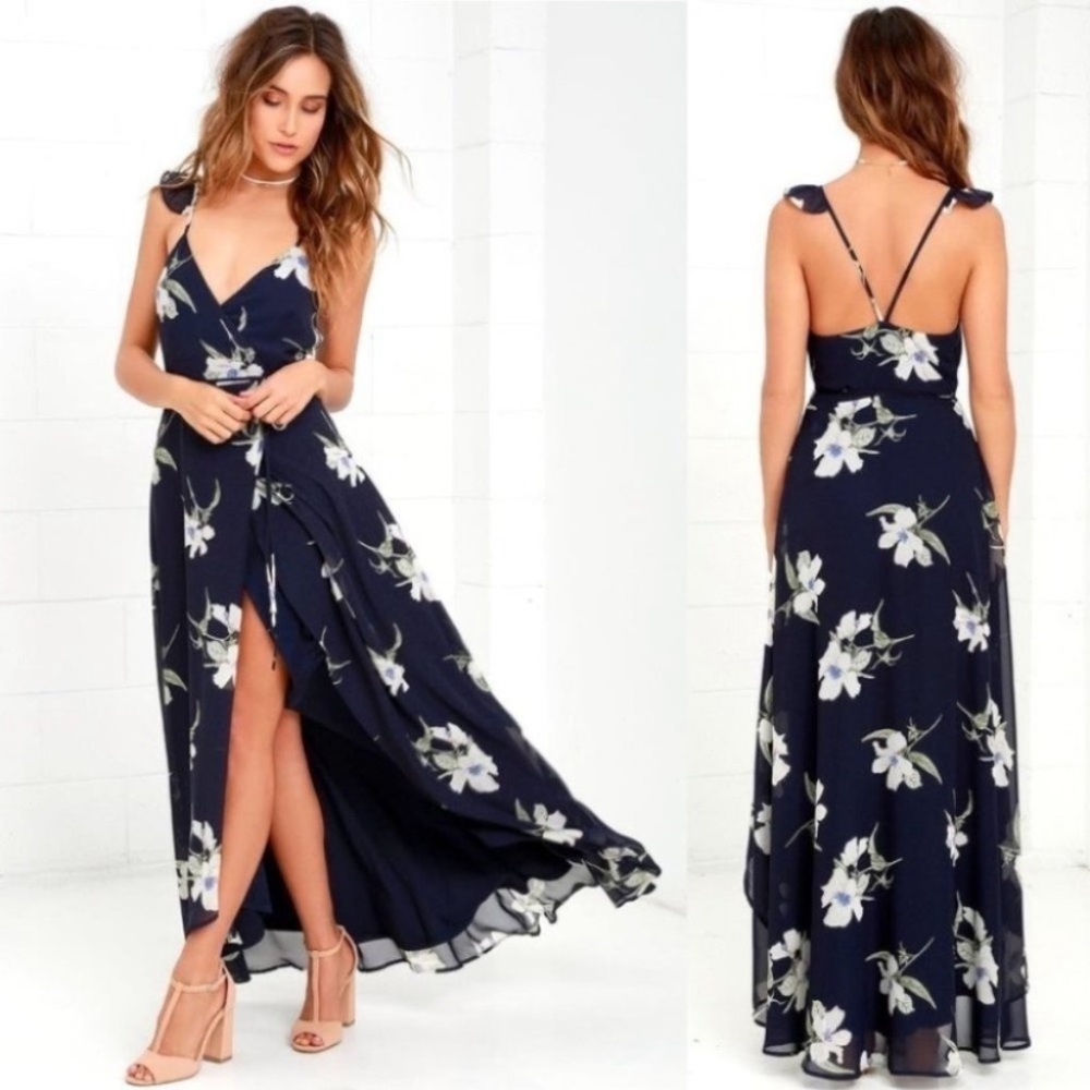 Lulu’s All Mine Navy Blue Floral Wrap Maxi Dress High Low Size XL